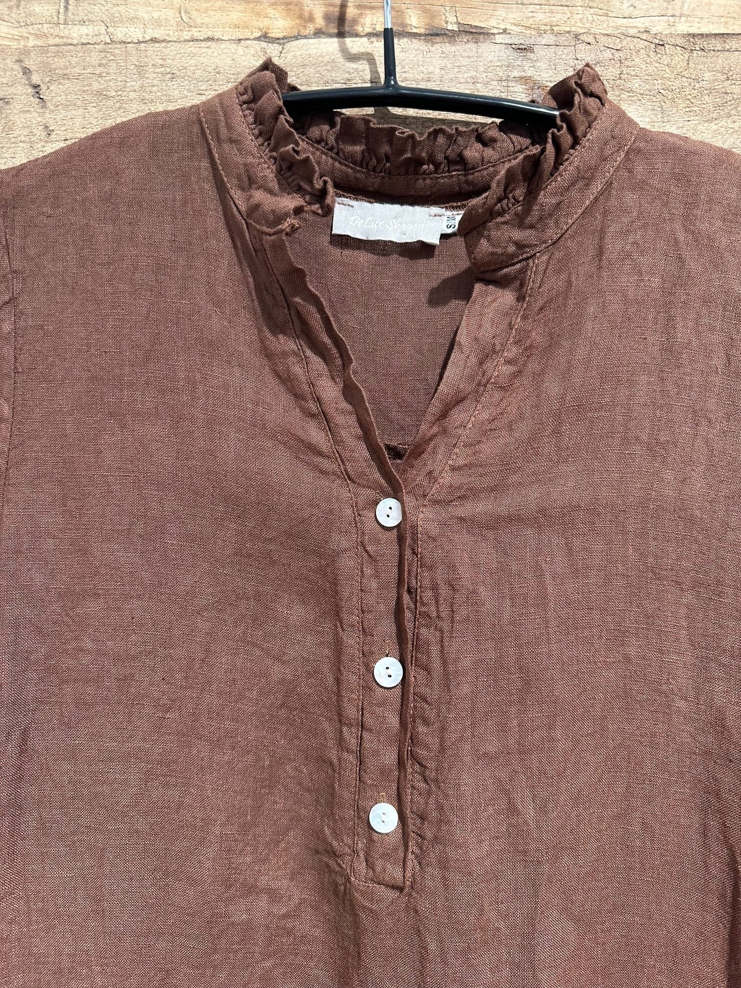 Delux Skagen lang hørkjole m. flæse - coffee