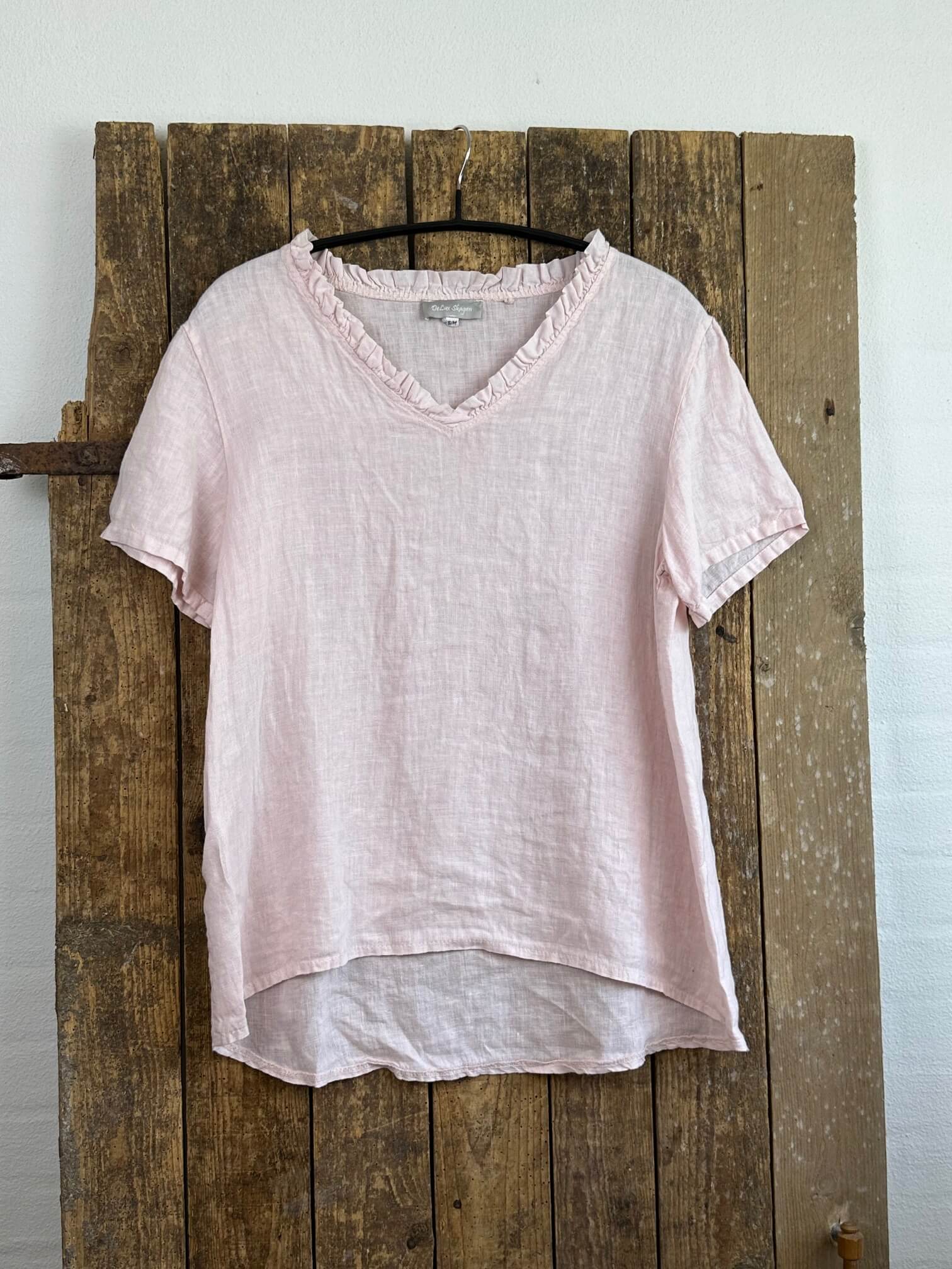 Delux Skagen kortærmet hørbluse m. flæse - rosa