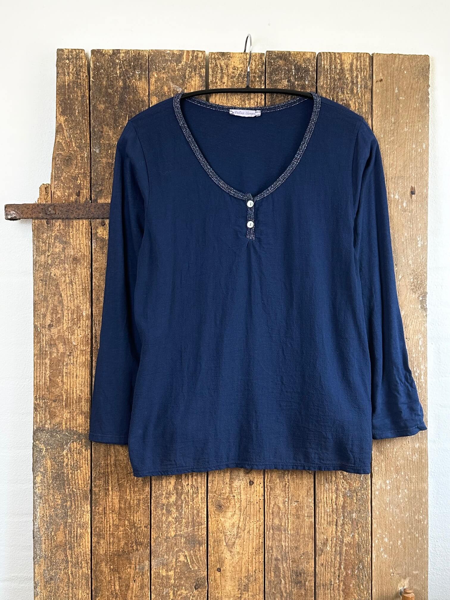 Delux Skagen hør/bomuldsbluse m. glimmerkant - navy